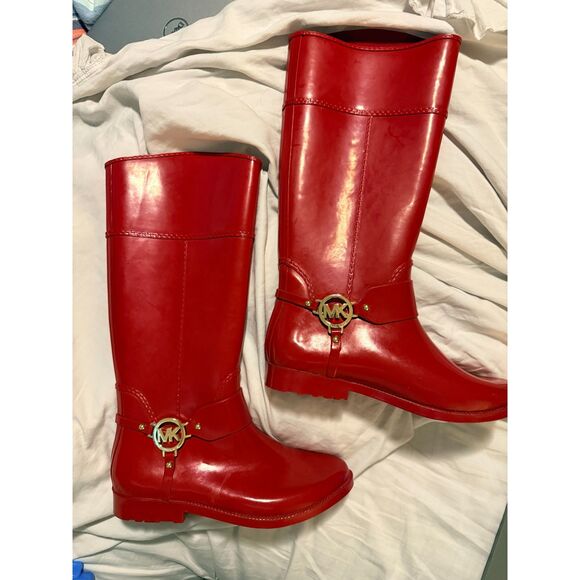 EUC Michael Kors Fulton Harness Tall Red Rubber Rain Boots - Picture 9 of 11